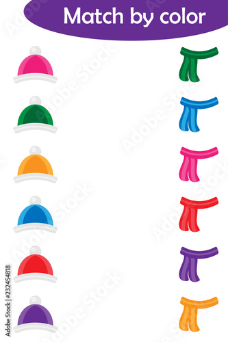 Winter christmas matching game for children, connect colorful hats with same color scarfes, preschool worksheet activity for kids, task for the development of logical thinking, vector illustration