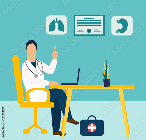 Medicine concept in flat cartoon style. Doctor with stethoscope sitting at the table. Human lungs and stomach icons.