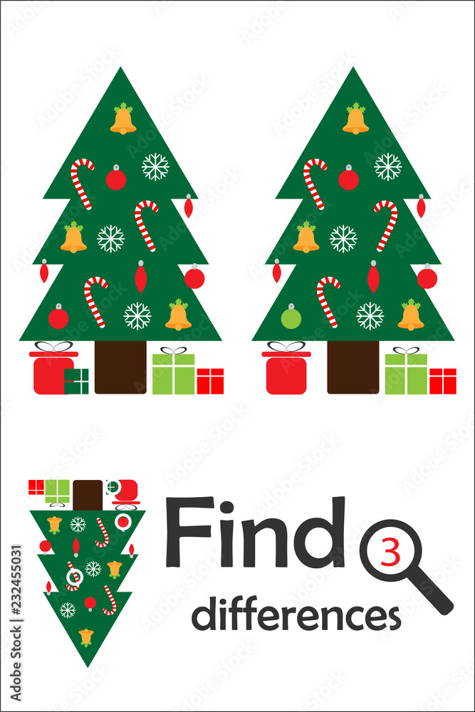 Find 3 differences, christmas game for children, xmas tree in cartoon style, education game for kids, preschool worksheet activity, task for the development of logical thinking, vector illustration Find 3 differences, christmas game for children, xmas tree in cartoon style, education game for kids, preschool worksheet activity, task for the development of logical thinking, vector illustration