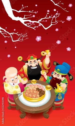 Three cute Chinese gods (represent long life, wealthy and career) are feasting cheerfully. 