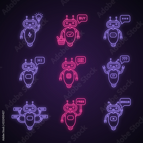 Chatbots neon light icons set