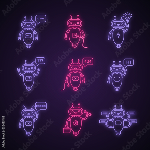Chatbots neon light icons set