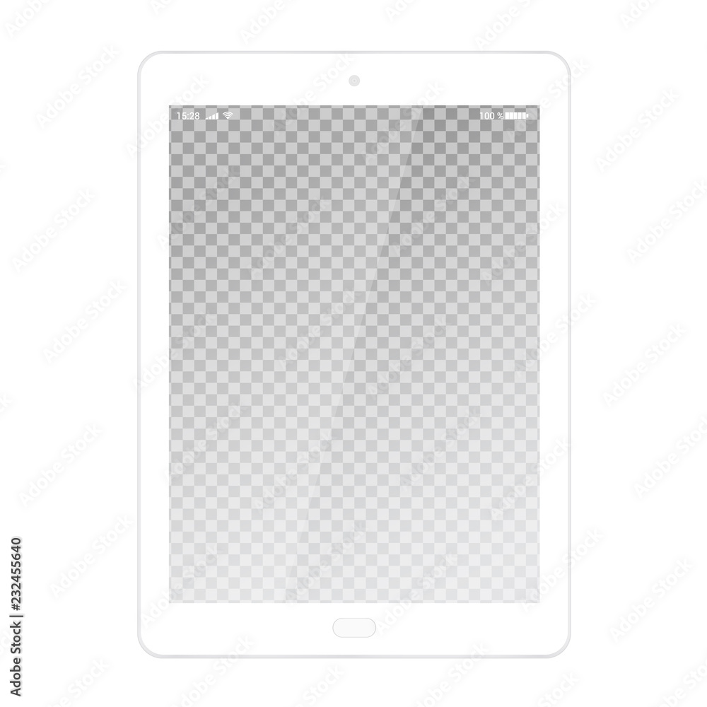 Realistic illustration of white tablet with transparent touch screen with battery, wifi and cellular network symbols, with glare, isolated on white background Realistic illustration of white tablet with transparent touch screen with battery, wifi and cellular network symbols, with glare, isolated on white background