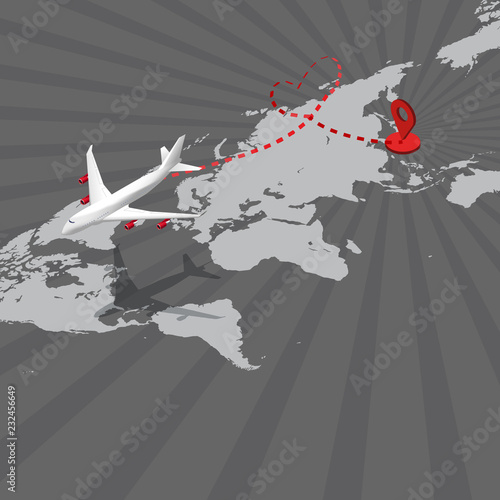 Isometric flat design travel the world transportation airplane drawing a heart shape ant path flying from Japan