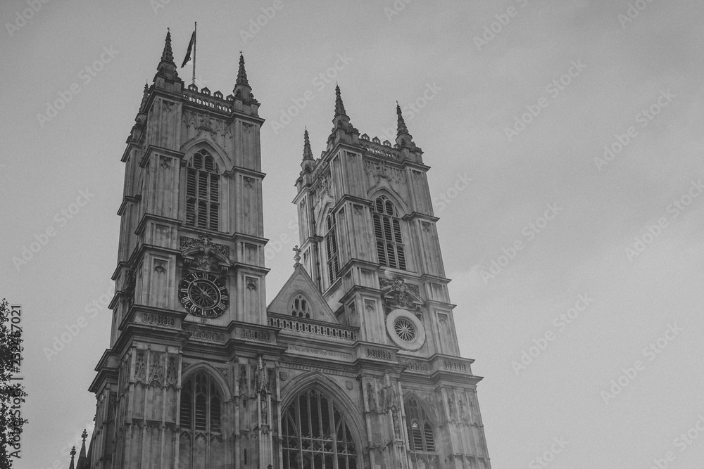 Black and white of Westminster Abbey West facade. London, England.