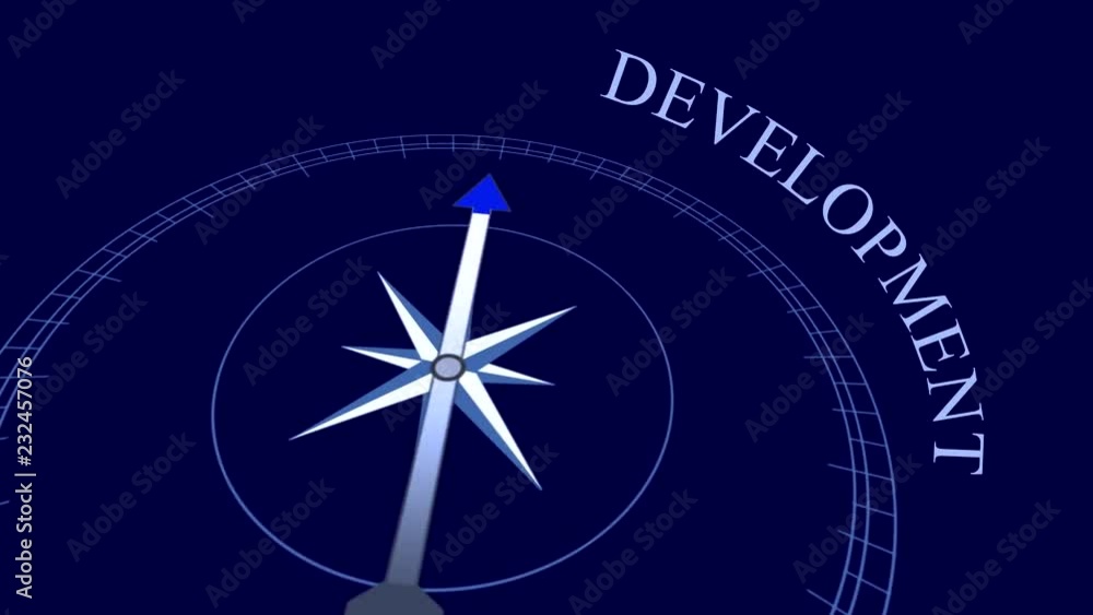 Development: animation with compass arrow rotating on the blue background near the word “Development” Development: animation with compass arrow rotating on the blue background near the word “Development”