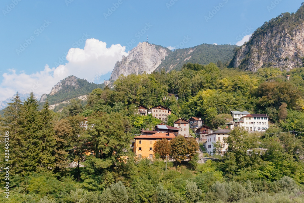 Beluno, Italy August 7, 2018: Perarollo di Cadore mountain village. Houses on the mountains.