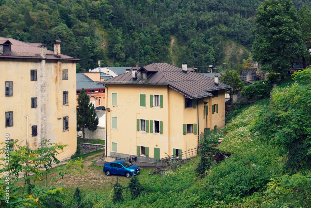 Beluno, Italy August 7, 2018: Perarollo di Cadore mountain village. Houses on the mountains. Beluno, Italy August 7, 2018: Perarollo di Cadore mountain village. Houses on the mountains.