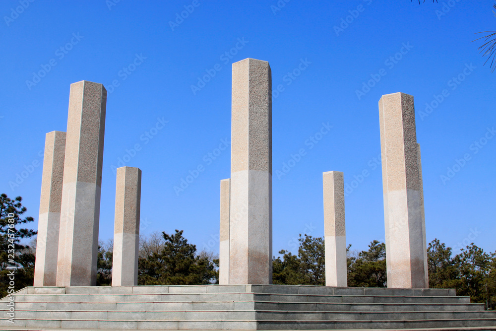 Granite monumental columns architectural landscape in the li dazhao memorial hall, Leting county, hebei province, China.