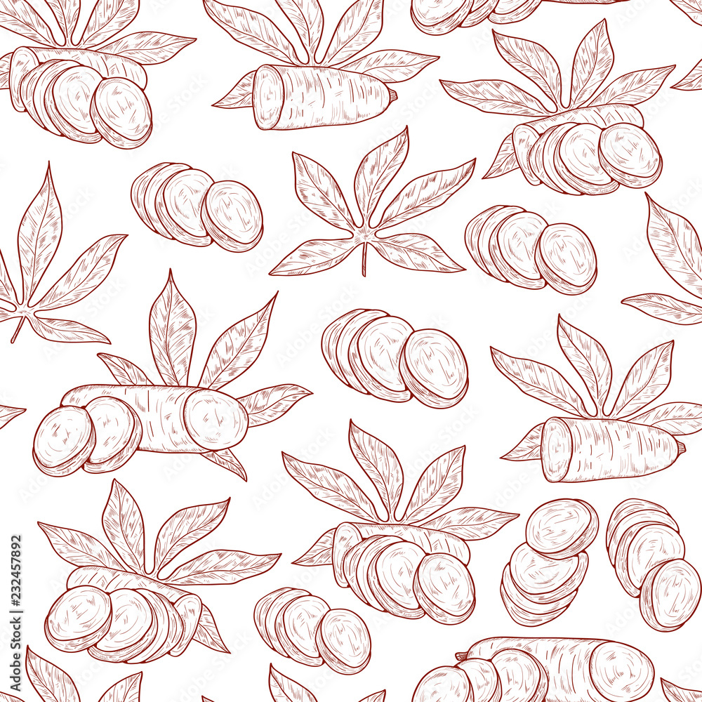 Cassava. Fruit, leaves. Background, wallpaper, texture, seamless Stock