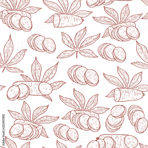 Cassava. Fruit, leaves. Background, wallpaper, texture, seamless
