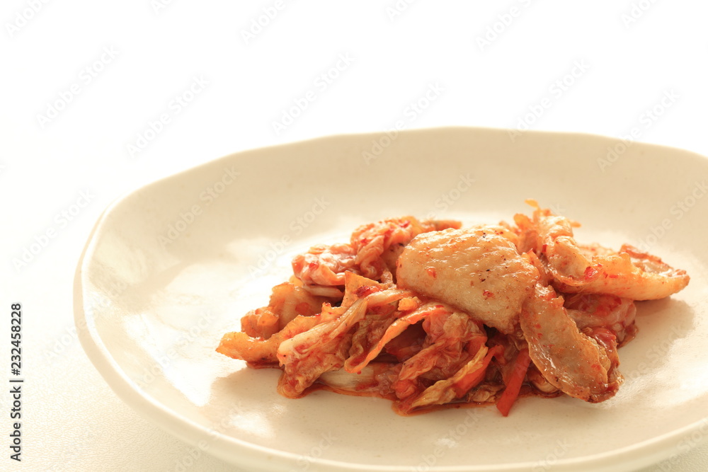 Korean food, chicken skin and kimchi stir fried Korean food, chicken skin and kimchi stir fried
