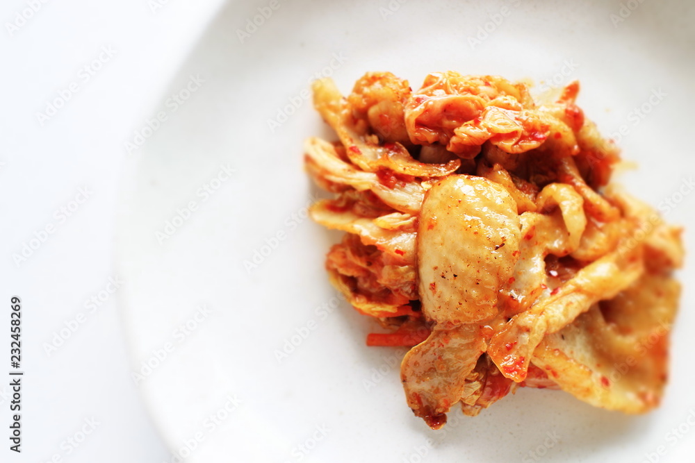 Korean food, chicken skin and kimchi stir fried Korean food, chicken skin and kimchi stir fried