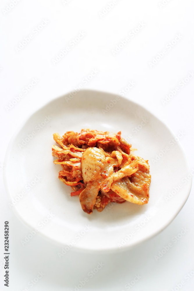 Korean food, chicken skin and kimchi stir fried