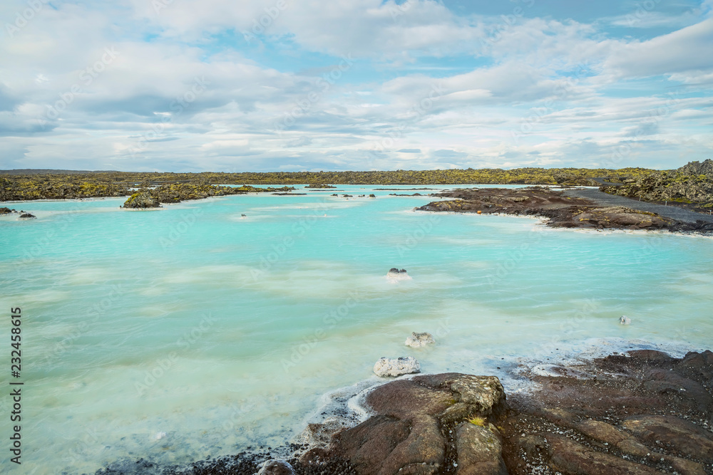 Thermal springs with emerald water. Iceland. Blue Lagoon.

