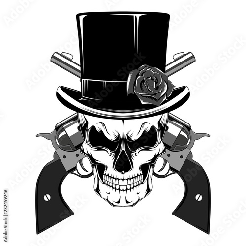 Skull in a hat cylinder with pistols.