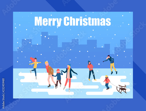 Merry Christmas poster with people skating on the ice rink.
