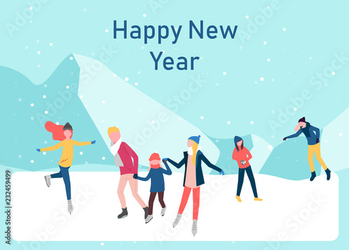 Happy New Year poster with people skating on the ice rink.