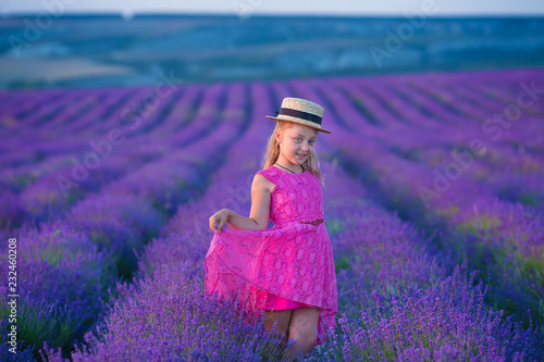 A little girl walks between the lavender fields in Provence. Amazing scene of girl power and beautiful nature.