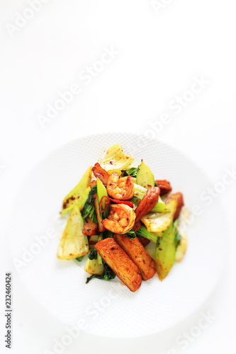 Asian food, chili pepper stir fried with prawn and celery