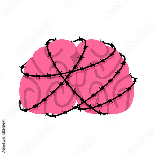 Brain and barbed wire. Sick Brains Internal organs Human anatomy. Metaphor of problems and reduced health. pain medical health care concept