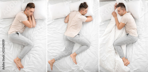 Canvas Print Handsome man sleeping in different positions on bed, top view