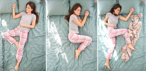 Фотография Beautiful woman sleeping in different positions on bed, top view