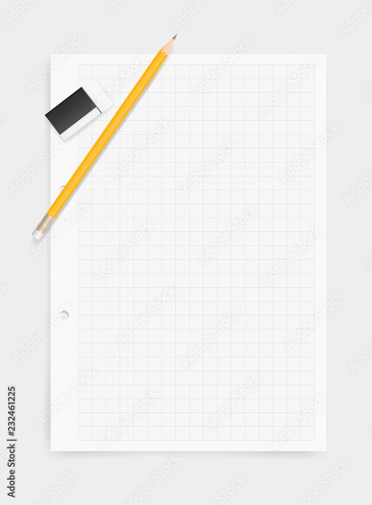 White drawing paper background with pencil and eraser. Vector. White drawing paper background with pencil and eraser. Vector.