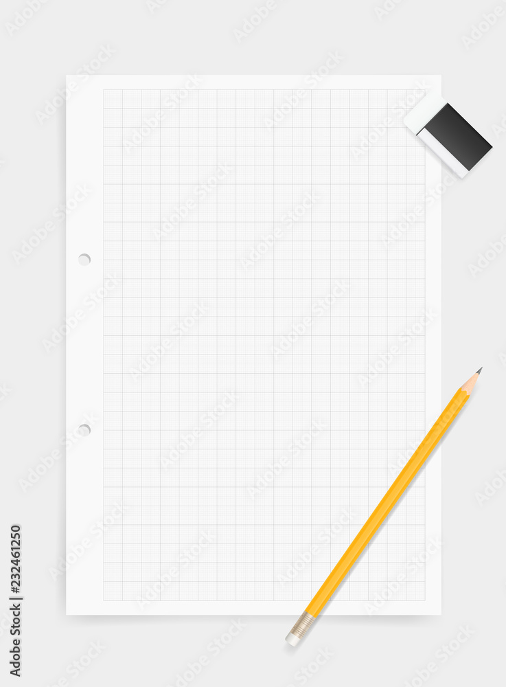 White drawing paper background with pencil and eraser. Vector. White drawing paper background with pencil and eraser. Vector.