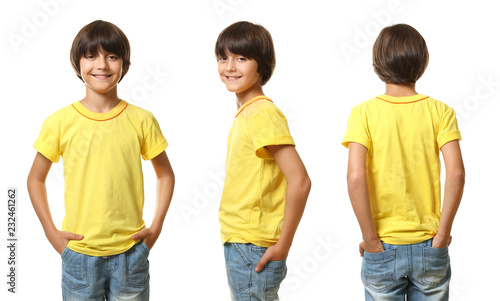Collage with little boy in t-shirt on white background. Front, side and back view