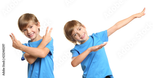 Collage with emotional little boy in t-shirt on white background