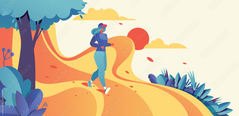 Horizontal illustration good for banner design with running woman. Jogging sport illustration in bright colors and gradients with sky, sun and greenery