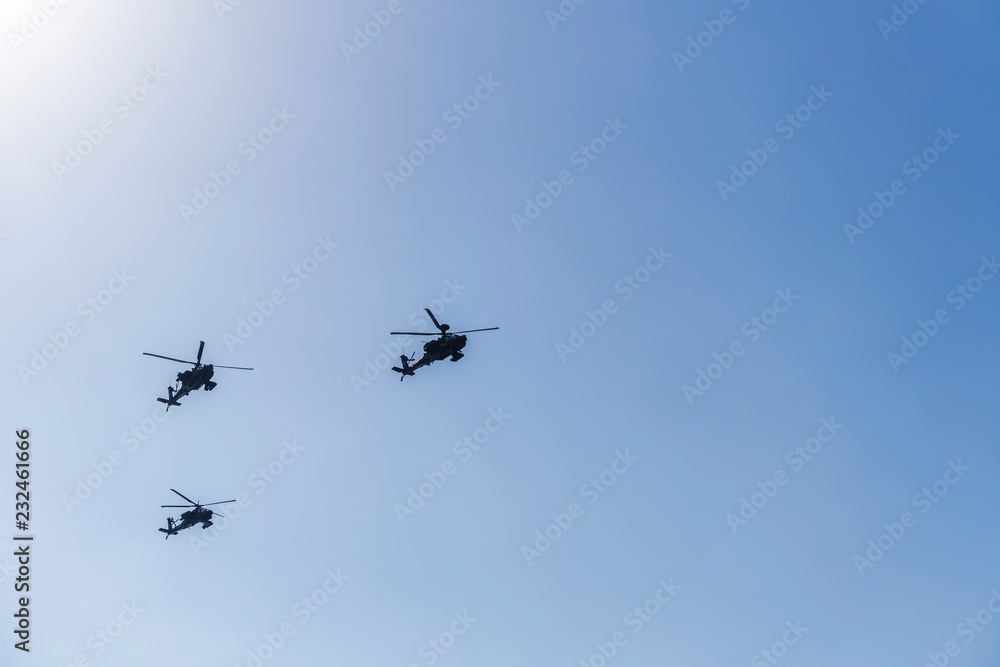 Greek Air Force Apache helicopters flying.
2 Boeing AH-64 attack helicopters flying at 28 October military parade, commemorating the Greek no against Italian 1940 ultimatum. Greek Air Force Apache helicopters flying.
2 Boeing AH-64 attack helicopters flying at 28 October military parade, commemorating the Greek no against Italian 1940 ultimatum.