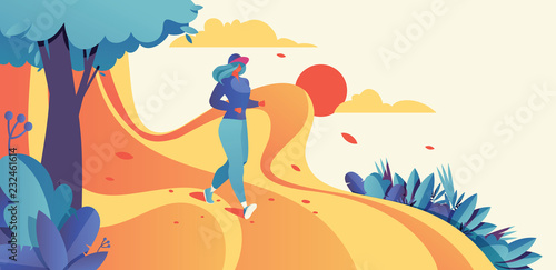 Horizontal illustration good for banner design with running woman. Jogging sport illustration in bright colors and gradients with sky, sun and greenery