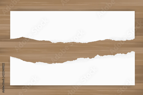 Ripped paper background on brown wood texture. Torn paper edge with area for copy space. Vector.