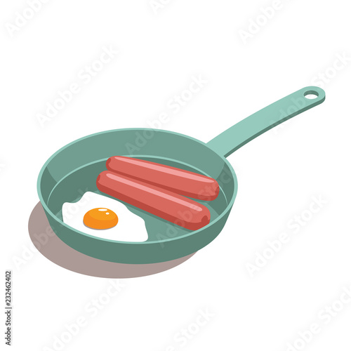 broken fried egg and sausages on a frying pan vector illustration isolated from background.Traditional breakfast food illustration.