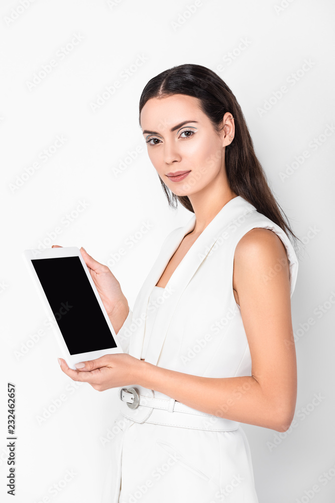 adult attractive woman holding digital tablet with blank screen isolated on white adult attractive woman holding digital tablet with blank screen isolated on white