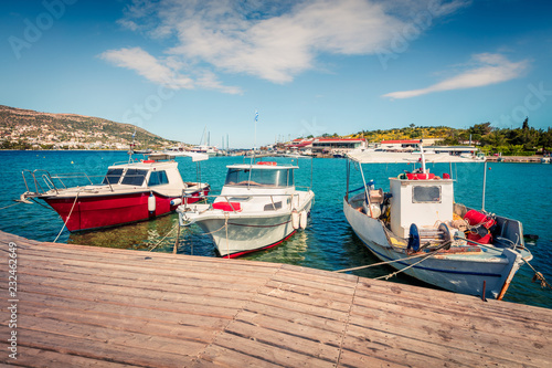 Picturesque spring scene of the Porto Rafti port. Sunny morning seascape of Aegean sea  Greece. Traveling concept background.