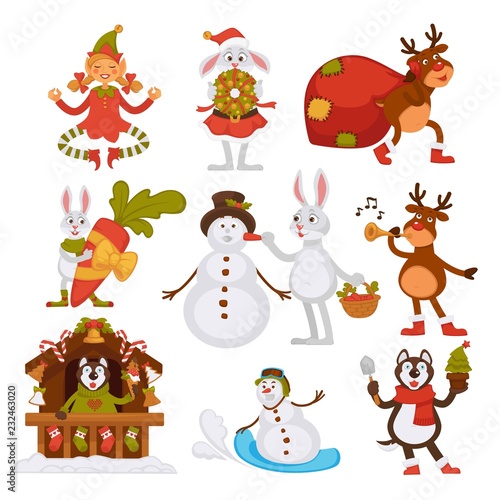 Happy New Year characters resting at beach, Santa Claus and rabbit vector.