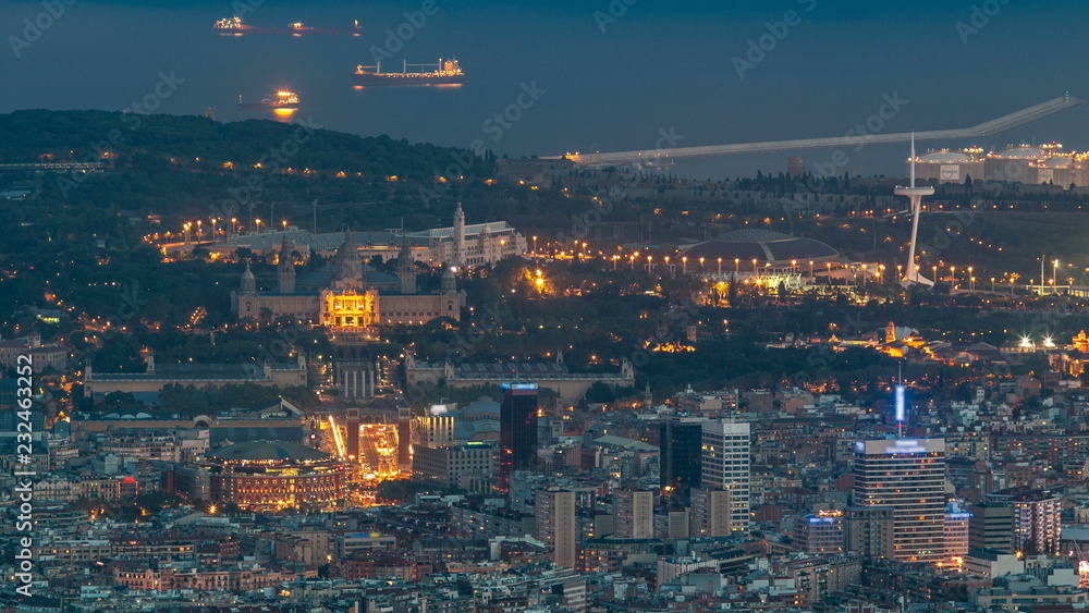Top view from tibidabo of National Art Museum timelapse at Placa Espanya in Barcelona day to night, Catalonia, Spain