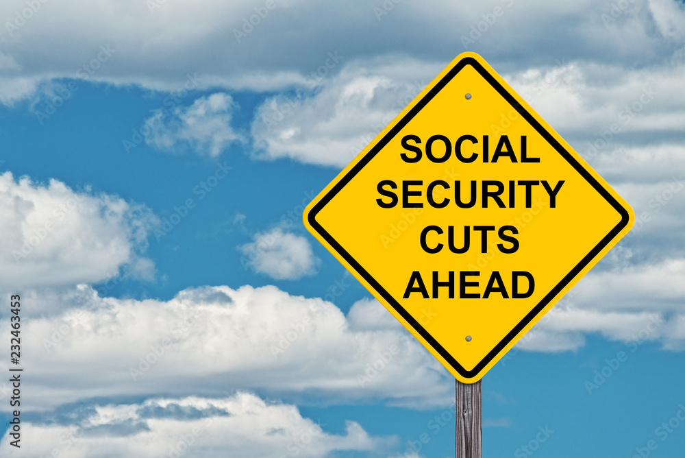 Social Security Cuts Ahead Caution Sign With Blue Sky Background Social Security Cuts Ahead Caution Sign With Blue Sky Background