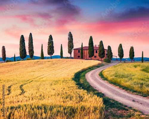 Typical Tuscan view with farmhouse and cypress trees. Colorful summer view of Italian countryside, Val d'Orcia valley, Pienza location. Beauty of countryside concept background.