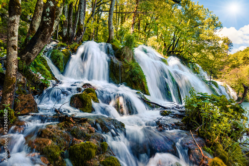 Fototapeta Naklejka Na Ścianę i Meble -  Splendid morning in Plitvice National Park. Colorful spring scene of green forest with pure water waterfall. Great countryside view of Croatia, Europe. Traveling concept background.