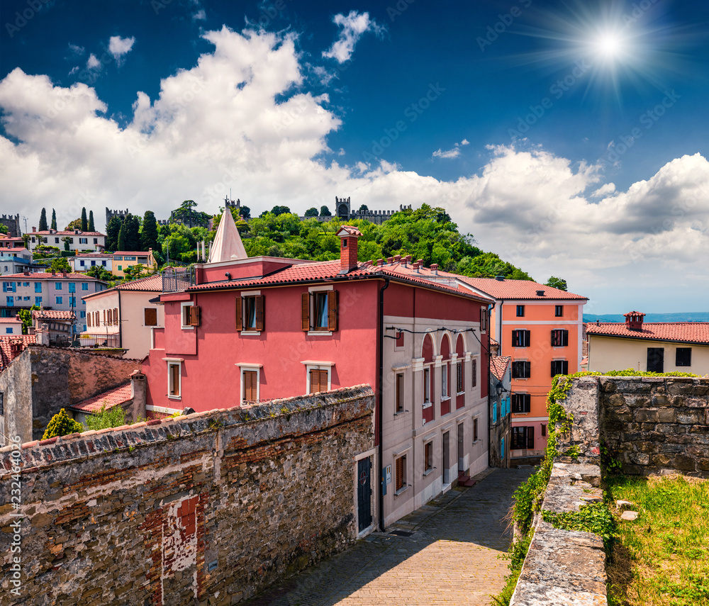 Sunny spring view of old town Piran. Beautiful cityscape of Slovenia, Europe. Traveling concept background. Magnificent Mediterranean landscape.