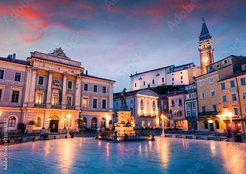 Great night view of Tartini Square in old town Piran. Splendid spring sunset in Slovenia, Europe. Traveling concept background. Magnificent Mediterranean landscape.