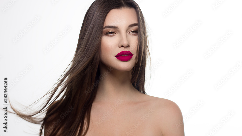 Closeup portrait of a woman with developing straight hair. Sweet tender young girl, brunette. Red lipstick on the lips, transparent transparent skin. Beauty, spa, injections, cosmetology, beautiful Closeup portrait of a woman with developing straight hair. Sweet tender young girl, brunette. Red lipstick on the lips, transparent transparent skin. Beauty, spa, injections, cosmetology, beautiful