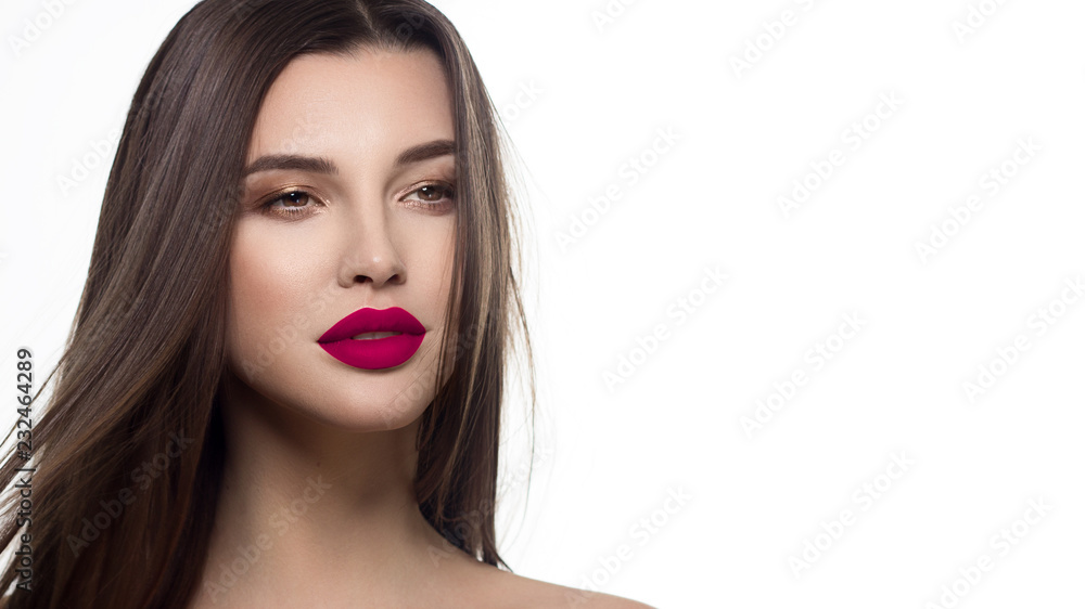 Closeup portrait of a woman with developing straight hair. Sweet tender young girl, brunette. Red lipstick on the lips, transparent transparent skin. Beauty, spa, injections, cosmetology, beautiful Closeup portrait of a woman with developing straight hair. Sweet tender young girl, brunette. Red lipstick on the lips, transparent transparent skin. Beauty, spa, injections, cosmetology, beautiful