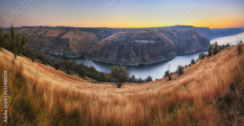 picturesque canyon of the Dniester River. autumn sunrise by the river