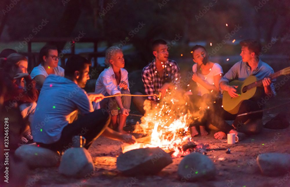 young friends relaxing around campfire young friends relaxing around campfire
