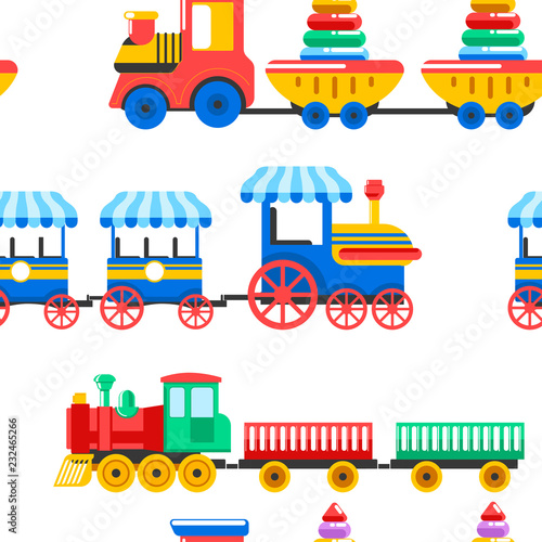 Toy trains with kid toys and children playthings for kindergarten boys children design seamless pattern.